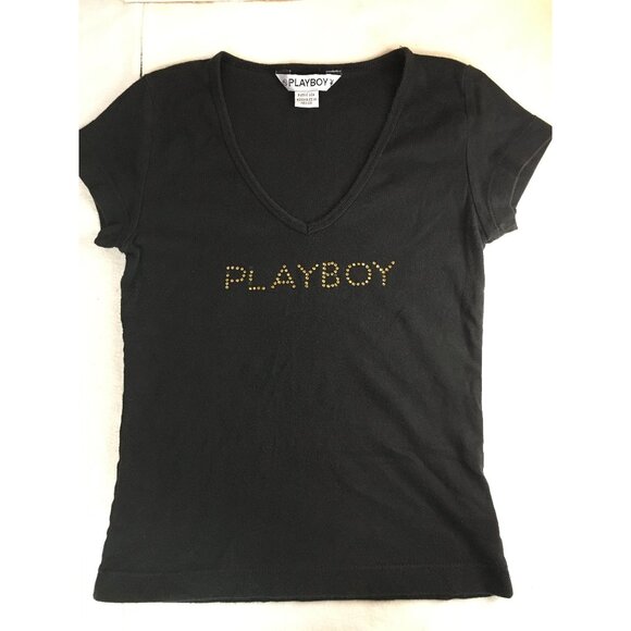 B42 Womens Rare Vintage Playboy T-shirt with Rhinestones Black Gold Size Small - Picture 1 of 7